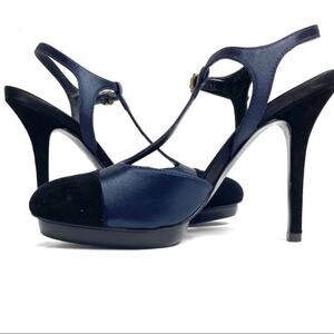 Tory Burch Mandy Navy Blue T-strap Suede Satin Platform Stiletto Leather Heels 8